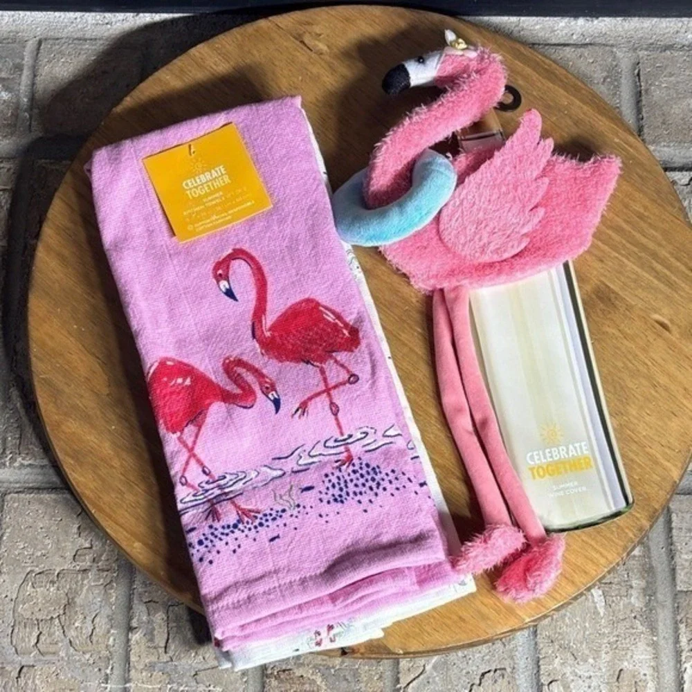 Summer Pink Flamingo Wine Bottle Cover & Kitchen Hand Towel Set GIFT NEW